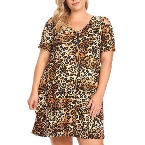 Vibe Sportswear Leopard Swing Dress Shoulder Cutouts and Front Zipper 1X - Picture 12 of 14